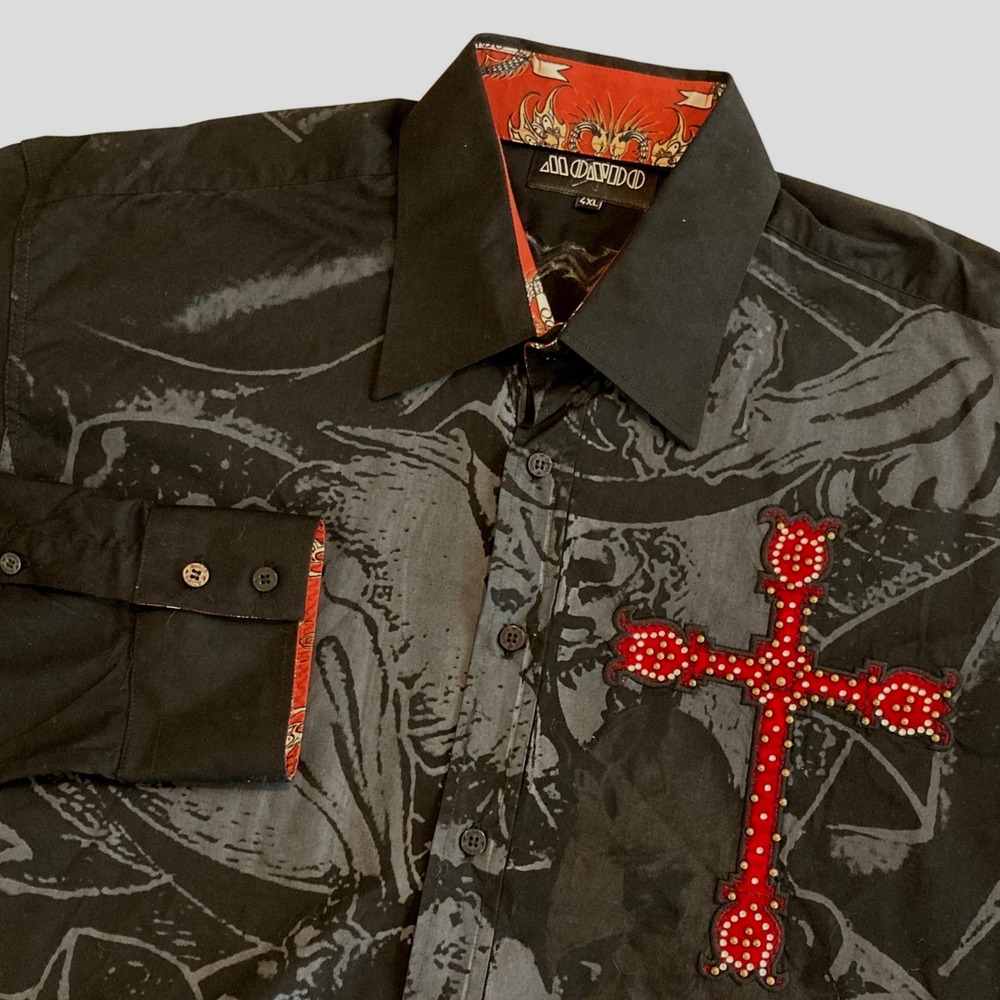 Mondo Mens 4XL Black Button Down Shirt Red Studded Cross Graphic Dragon Cuffs